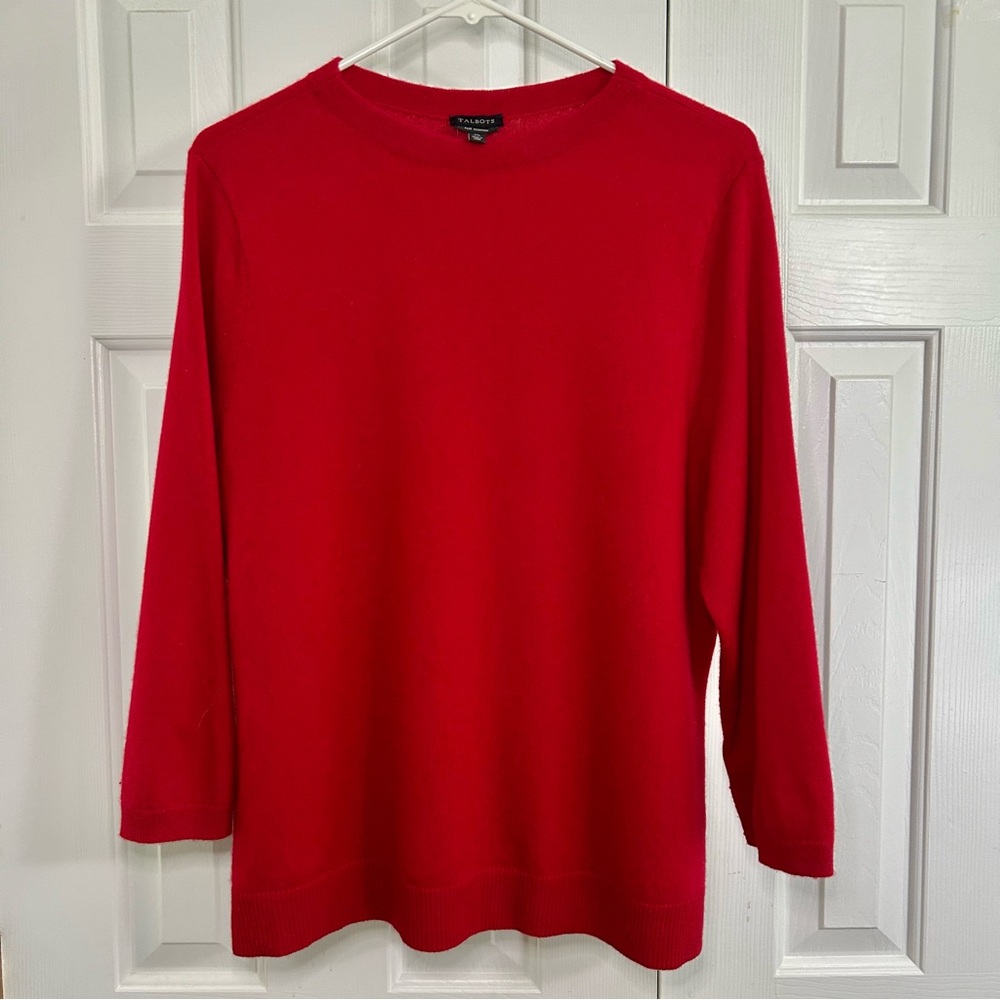 Talbots Pure Cashmere Crew Neck Red Holiday Long Sleeve Sweater Size XL